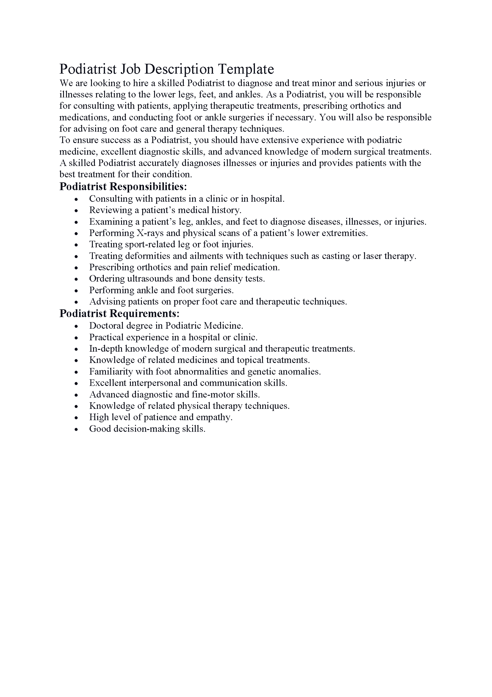 Podiatrist Job Description Template